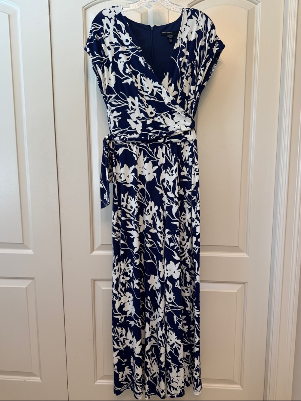 Maggy London Navy and White Floral Wrap Max Jumpsuit